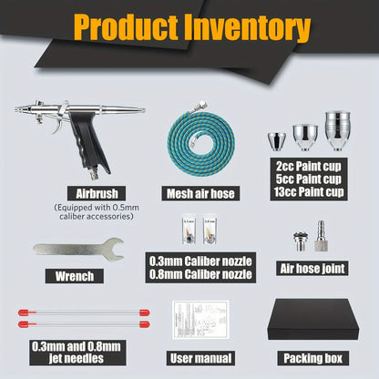 Double-Action Trigger Airbrush Kit with 0.3, 0.5 and 0.8 mm Nozzles, Three Cups and Pictured 6 ft Hose
