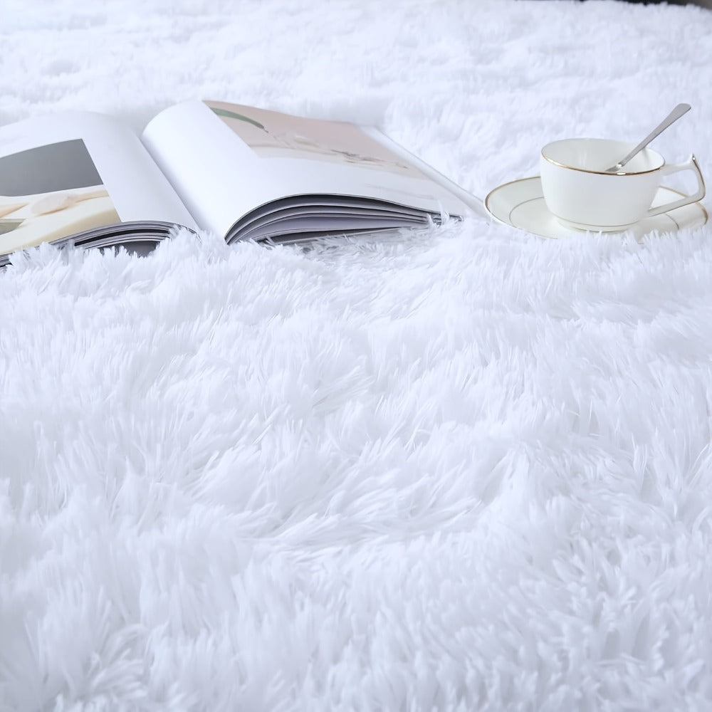 Area Rug White Fluffy High-Pile Shag in Three Washable Sizes for Living Room, Bedroom or Dorm