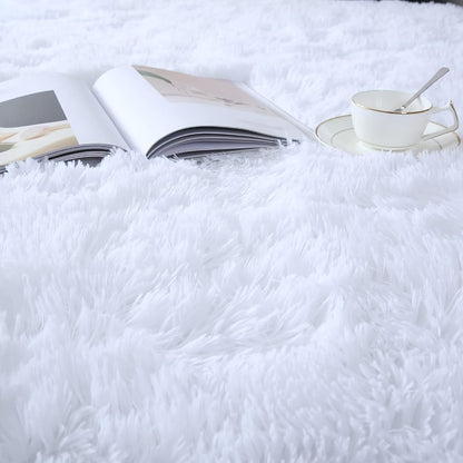 Area Rug White Fluffy High-Pile Shag in Three Washable Sizes for Living Room, Bedroom or Dorm