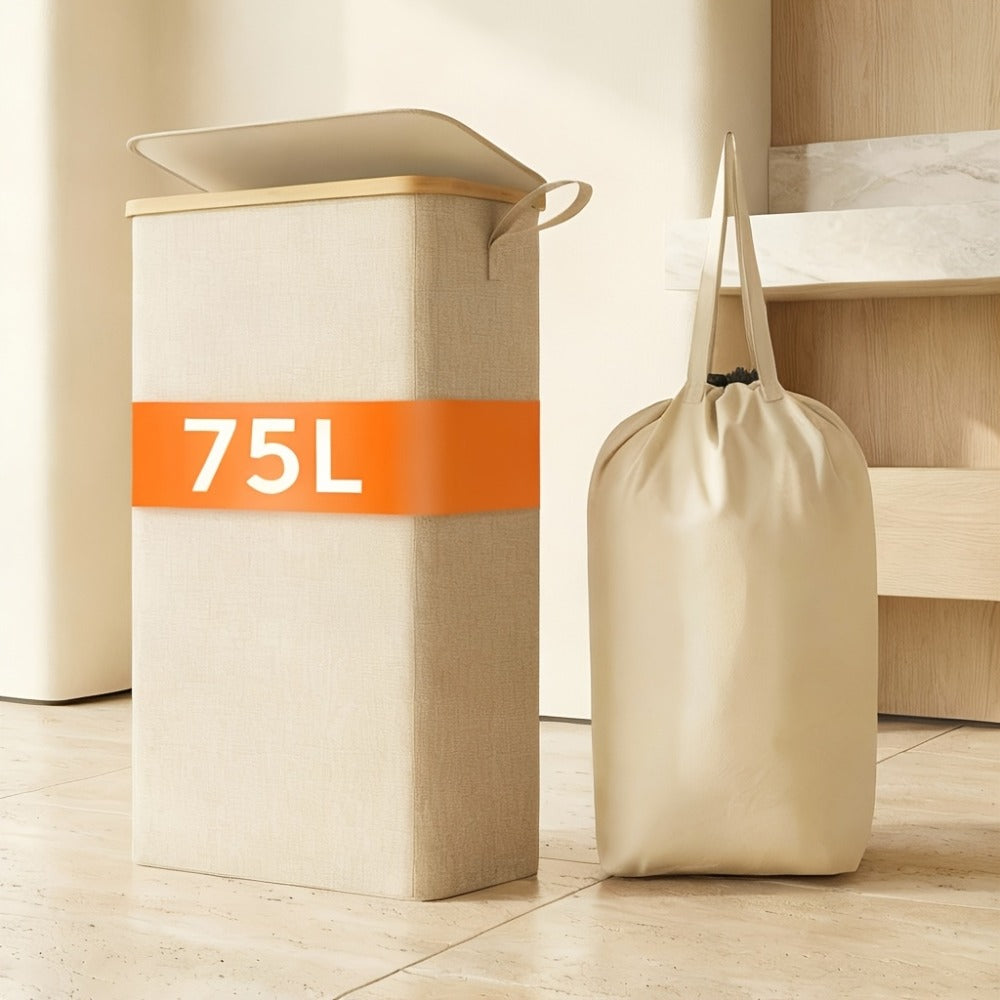 Slim Laundry Hamper with Lid & Removable Bag – Foldable Narrow Clothes Basket with Bamboo Handles for Bathroom, Bedroom & Dorm – 50L / 65L / 75L Space-Saving Collapsible Laundry Bin