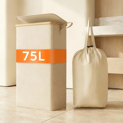 Slim Laundry Hamper with Lid & Removable Bag – Foldable Narrow Clothes Basket with Bamboo Handles for Bathroom, Bedroom & Dorm – 50L / 65L / 75L Space-Saving Collapsible Laundry Bin