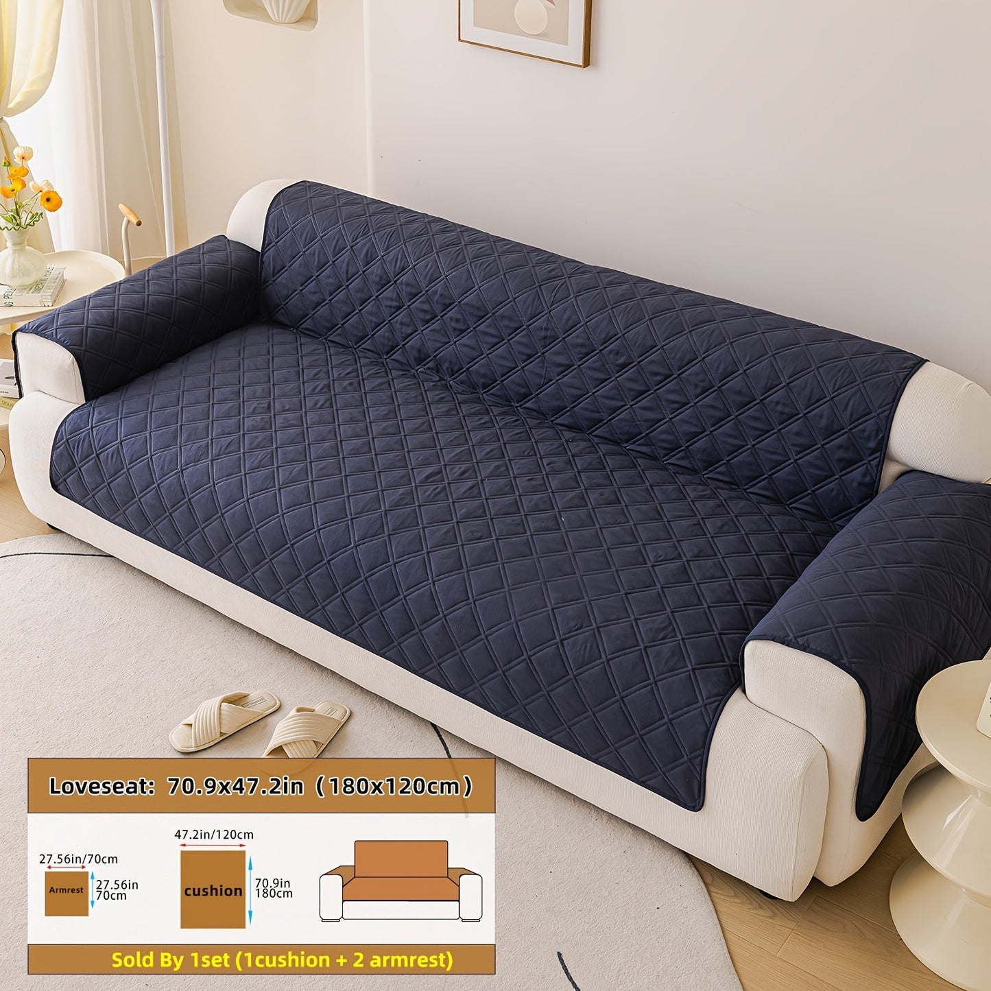Sofa Cover Three-Piece Soundwave Embossed Set with Sofa Panel, Two Armrest Covers and Anti-Slip Mat