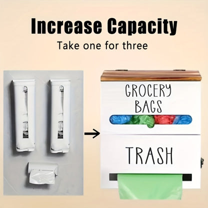 Garbage Bag Dispenser Wall Mount, Under Sink Organizer, Trash Bag Holder with Pull-Out Access, Kitchen Bag Storage Rack for Shopping Bags & Tissues, Space Saving Cabinet Organization