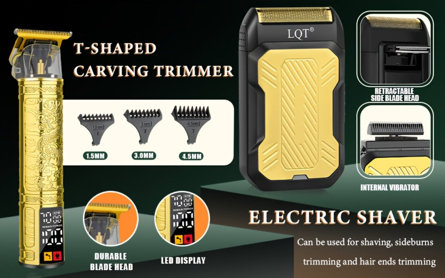 Hair Clippers & Trimmers LQT Golden Dragon Three-Piece Set with LCD Displays, USB Cables and Gift Box