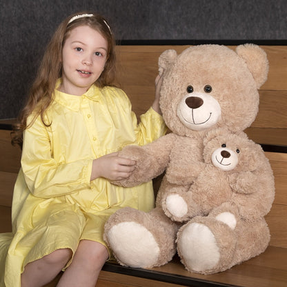 Stuffed Animal Mommy and Baby Teddy Bear Two-Piece Set in Light Brown with Large Cuddly Design