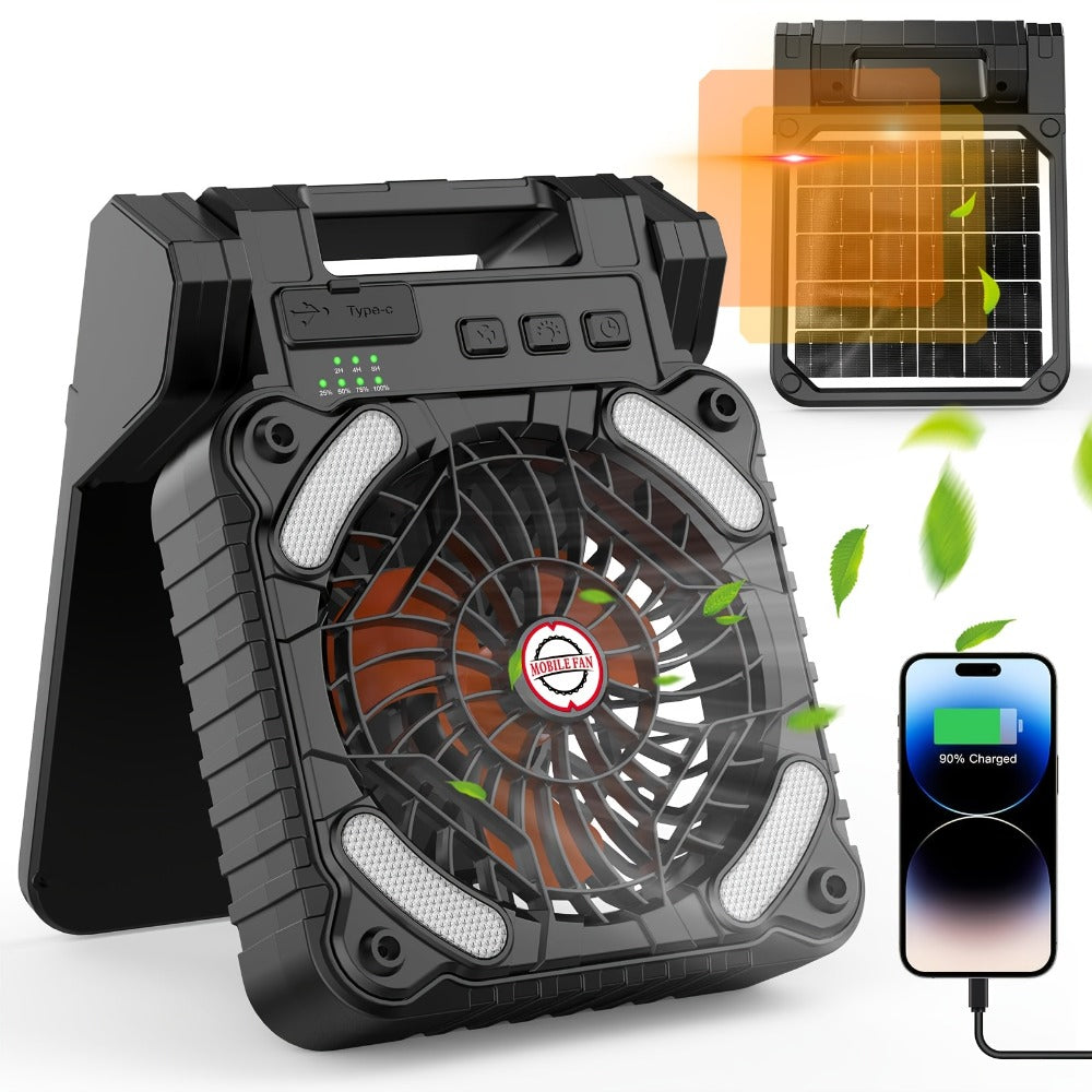 Solar Camping Fan and Light with Folding Panel, USB-C Input, Timer Controls and Three Color Options