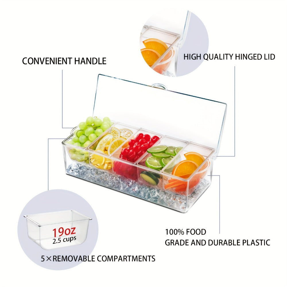 Bar Serving Tray on Ice with 5 Compartments & Lid – Garnish Condiment Platter with 5 Forks & 3 Pliers, Clear Fruit Tray for Bar, Party & Entertaining