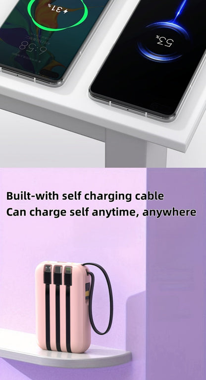 10000mAh Mini Power Bank 22.5W Super Fast Charging with 4 Built-In Cables – LED Display Cute Compact Portable Charger for iPhone Samsung Android Travel Outdoor Emergency Battery Pack