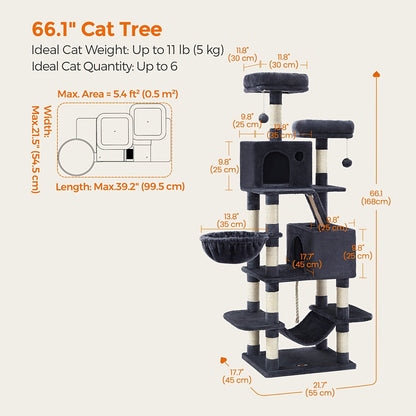 44- or 66-Inch Cat Tree Condo with Cave, Hammock, Raised Platforms and Four Color Options for Indoor Cats