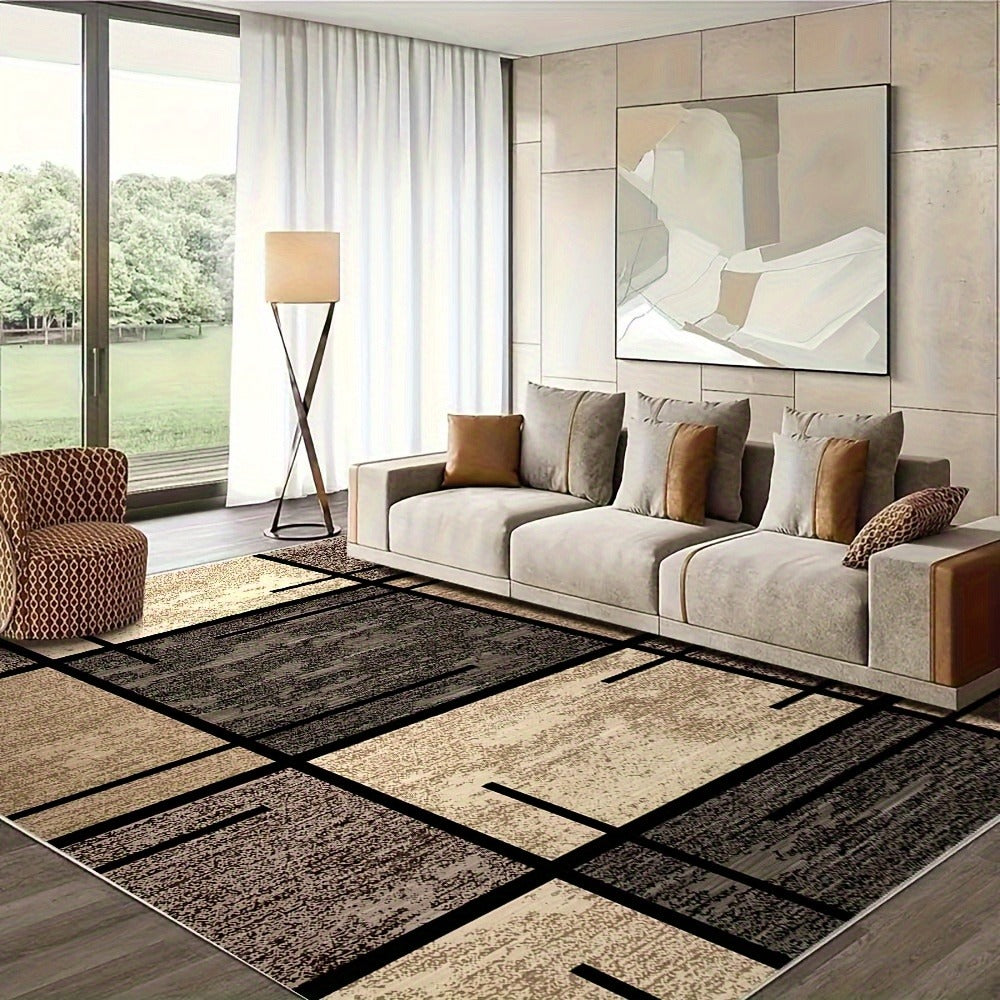 Area Rug Geometric Beige Brown 850 GSM Polyester Velvet in Four Machine-Washable Room Sizes