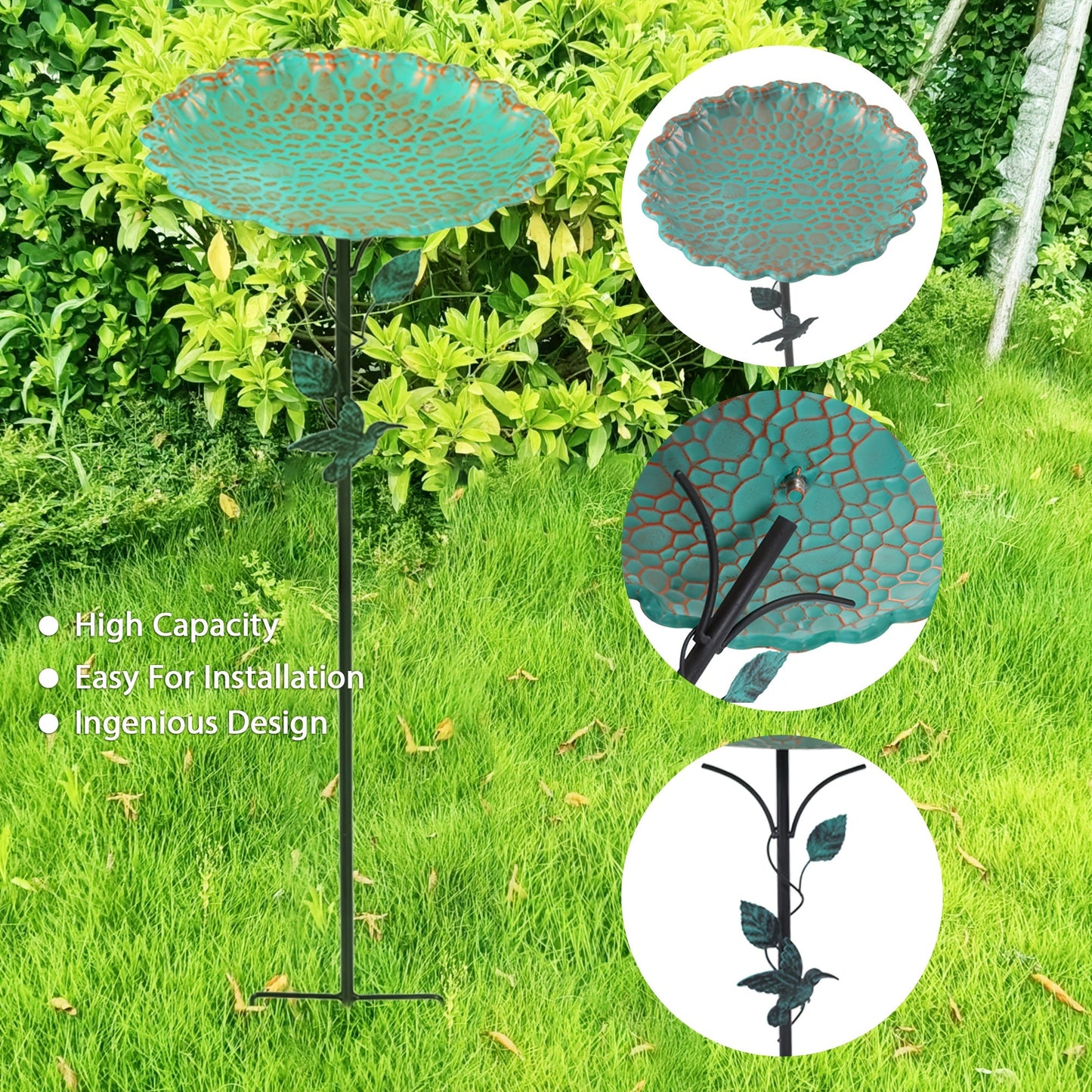 Green Sculpted Lotus-Leaf Bird Bath with 26 cm Bowl, 82 cm Ground Stake and Decorative Bird Perch