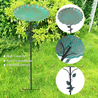 Green Sculpted Lotus-Leaf Bird Bath with 26 cm Bowl, 82 cm Ground Stake and Decorative Bird Perch