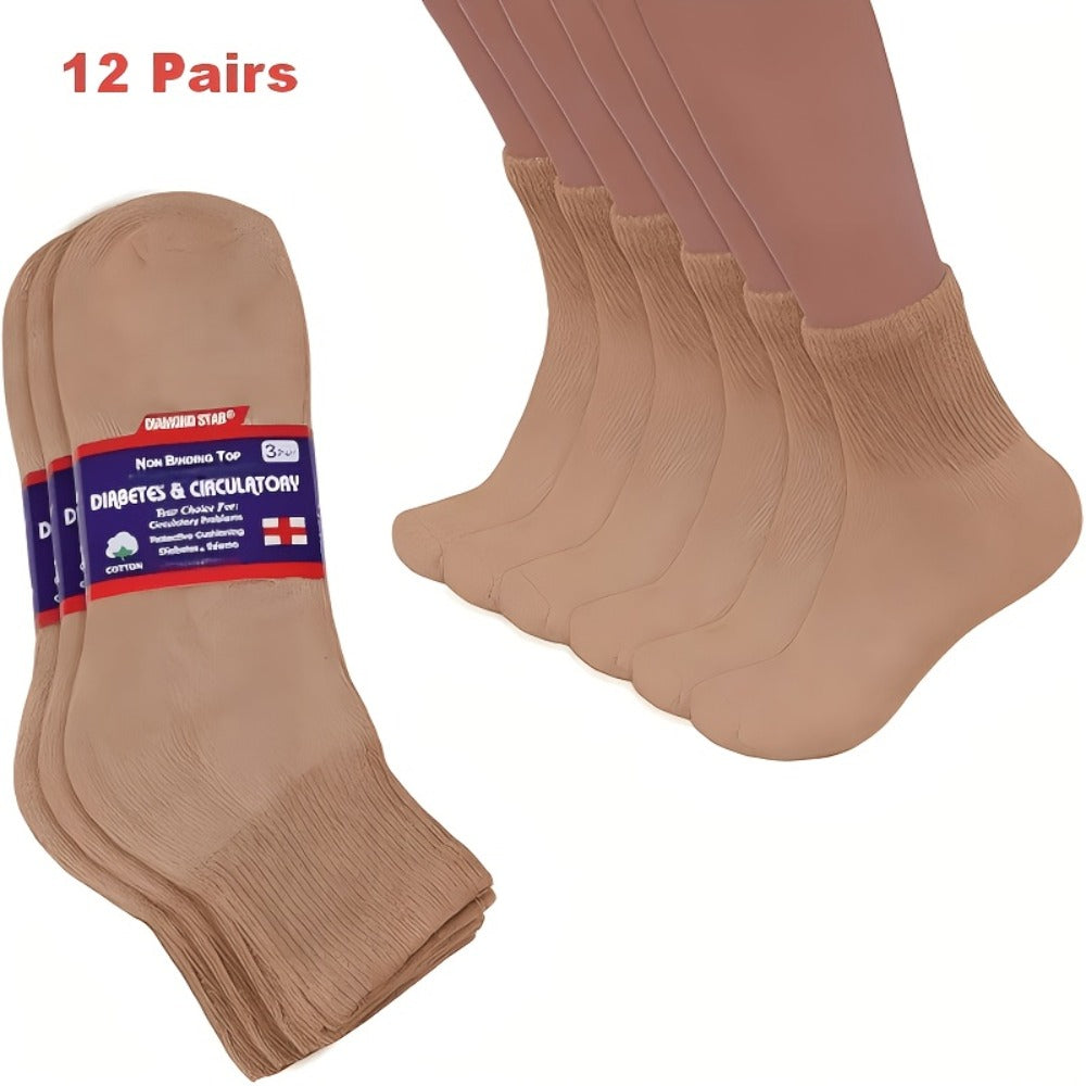12-Pair Low-Cut Diabetic Sock Set for Adults in Six Colors with 9-11, 10-13 and 13-15 Size Options