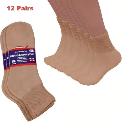 12-Pair Low-Cut Diabetic Sock Set for Adults in Six Colors with 9-11, 10-13 and 13-15 Size Options