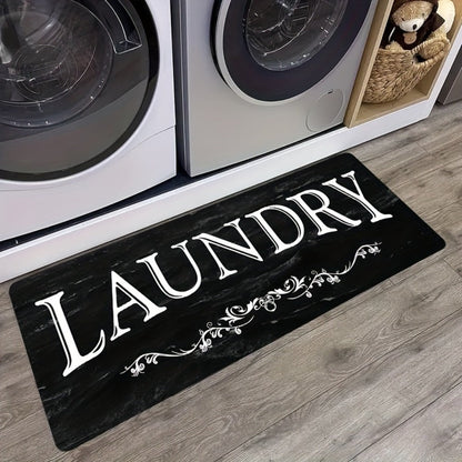 Black and White Laundry Room Mat with Bold LAUNDRY Text in 45 x 120 cm and 45 x 150 cm Size Options