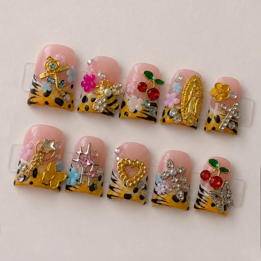 Press On Nails 10-Piece Short Duck-Tip Acrylic Set with Cherry, Bee, Flower, Cross and Star Designs