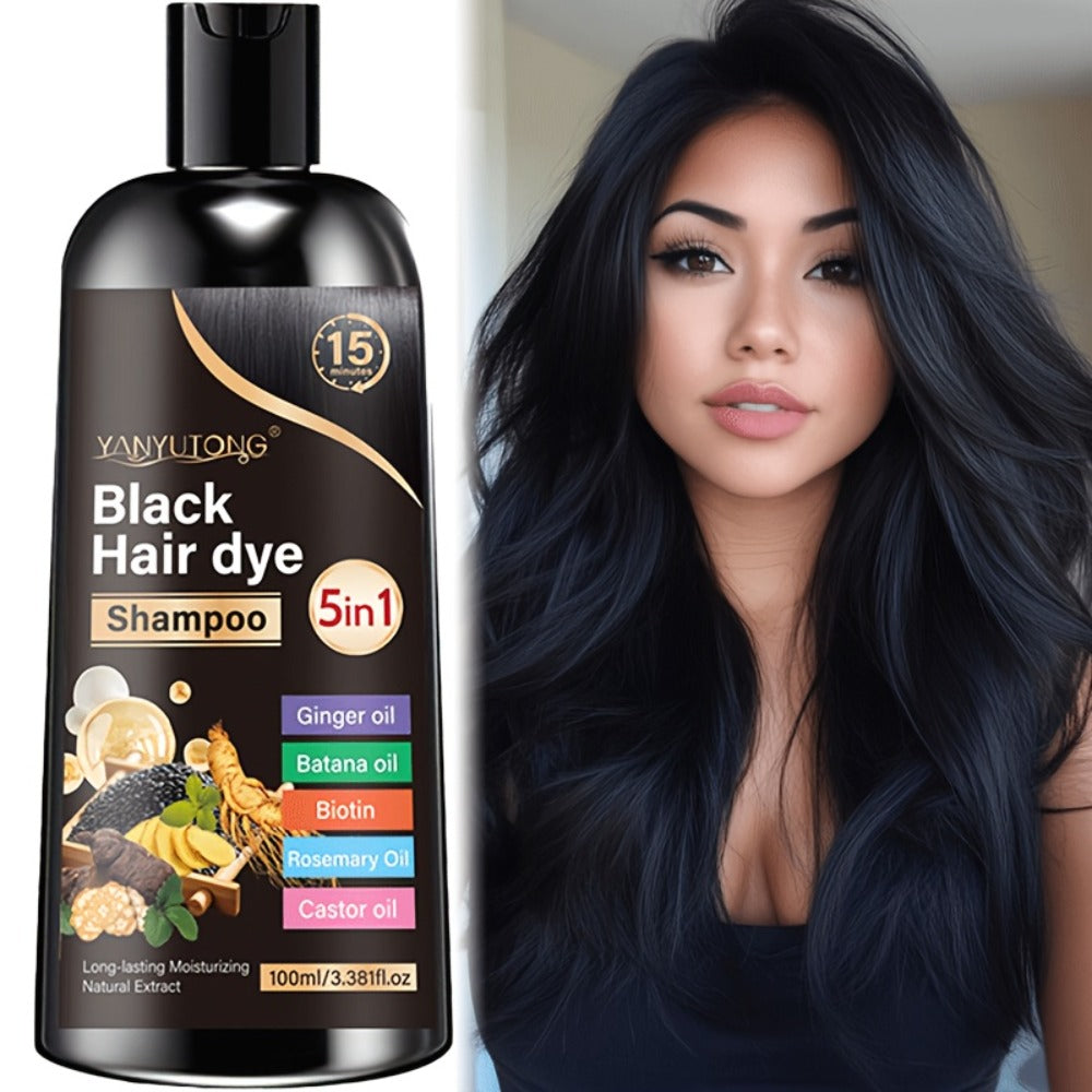 Gray Coverage Hair Dye Shampoo 5-in-1 with Ginger Oil Biotin Rosemary Castor Oil | Gentle Color Shampoo for Black Brown Chestnut Brown | No Mix Quick Application Men & Women