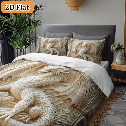 3-Piece Duvet Cover Set with Ivory Coiled Dragon Print, Ornate Carved-Look Artwork and Four Sizes