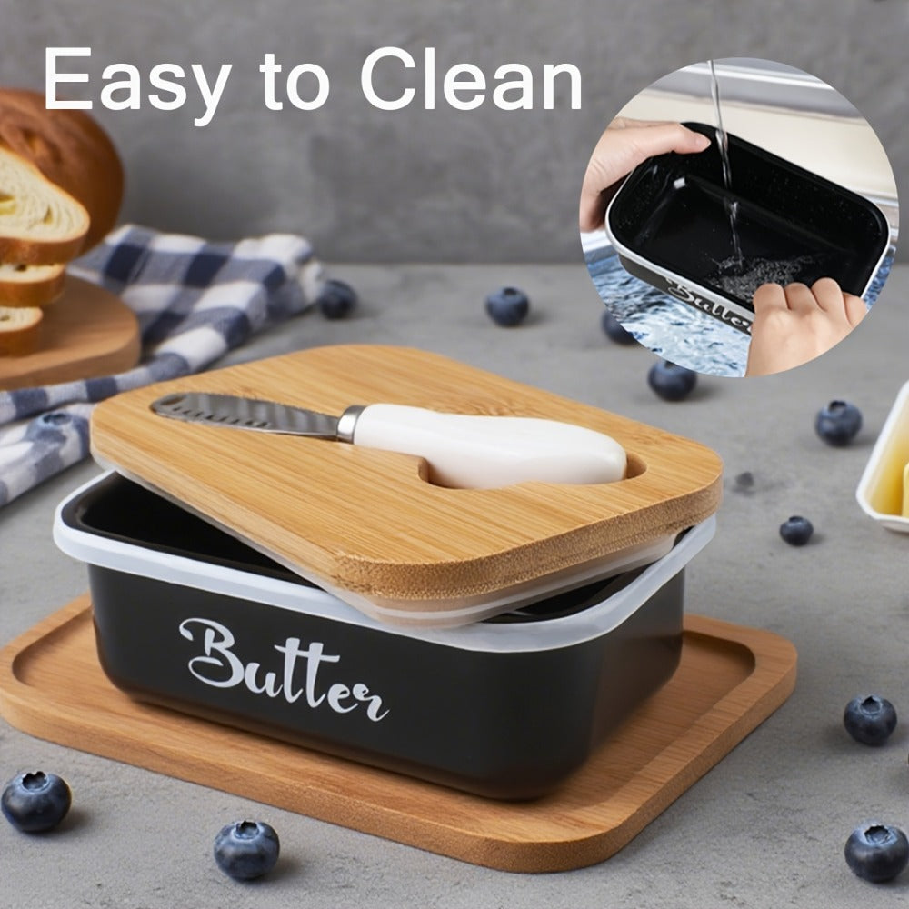 Black, Grey or Green Metal Butter Dish with Bamboo Lid, White-Handle Knife and 15.6 x 10.9 x 6 cm Size