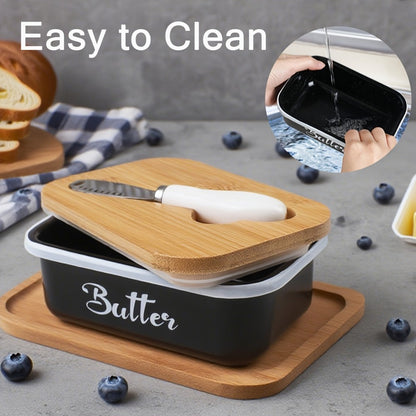 Black, Grey or Green Metal Butter Dish with Bamboo Lid, White-Handle Knife and 15.6 x 10.9 x 6 cm Size