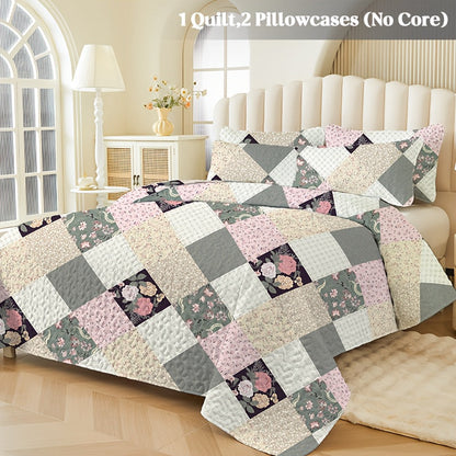 Floral Patchwork Quilt Set in Green, Blue, Grey Pink or Pink with Twin, Full/Queen and King Sizes