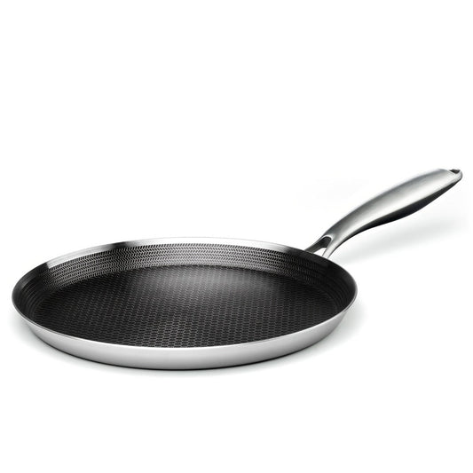 Stainless Steel Crepe Pan 11 Inch Dual Honeycomb Non-Stick PFOA-Free with Lid – Triply Steel Pancake Griddle for Tortillas | Induction Gas Electric Ceramic Compatible Home Camping BBQ Cookware