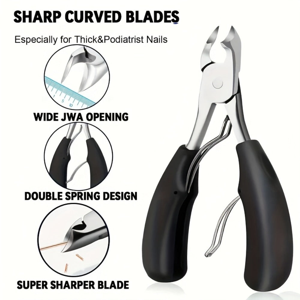 Angled Nail Clipper Set, Four Black-Handle Clipper Tools with Curved Jaws, File and Round Accessory