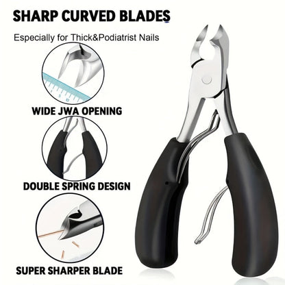 Angled Nail Clipper Set, Four Black-Handle Clipper Tools with Curved Jaws, File and Round Accessory