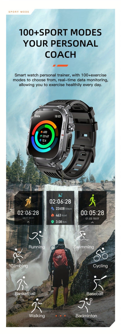Waterproof Smartwatch with 100+ Sport Modes & LED Flashlight – 2.02" TFT Screen Wireless Calling Sleep Tracker Fitness Activity Tracker Heart Rate Compatible with iPhone Android Gift for Men Women