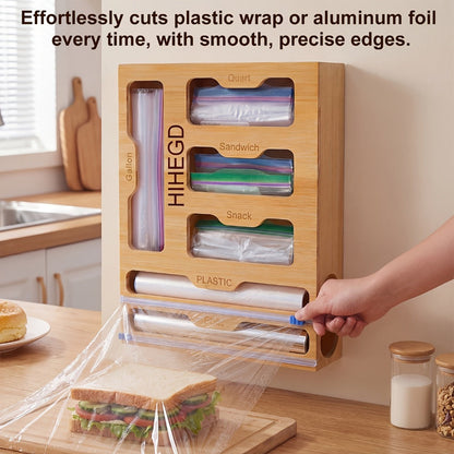 Bamboo Wrap Dispenser Kitchen Organizer 6-in-1 Bag Storage Box with Dual Cutters for Drawer or Wall