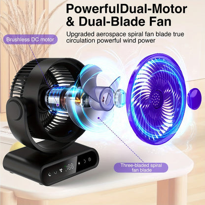 Camping Fan with LED Light Battery Powered 20000mAh 40000mAh 9-Inch 5-Speed Remote Control 90° Tilt 120° Oscillating Quiet Air Circulator for Outdoor Home