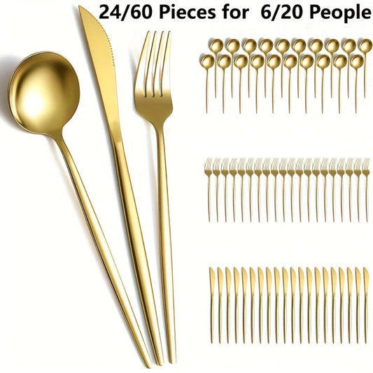 Gold Silverware Set 60 Pcs Service for 20 | Titanium Gold Plated Stainless Steel Flatware Set Knives Forks Spoons for Wedding Party Birthday Dishwasher Safe