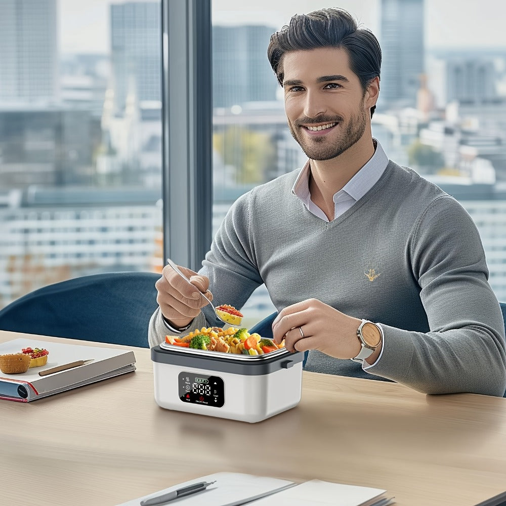 Self Heating Lunch Box Battery Powered 8000mAh - 60W Portable Electric Food Warmer with Smart Timer 1 Liter Stainless Steel Inner Container for Home Car Office and Truck, Leak Proof with Fork Spoon and Carry Bag, Gift for Men and Women