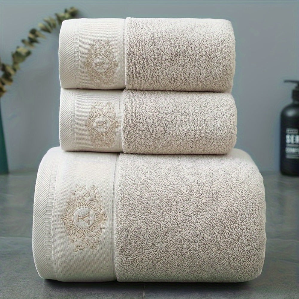 Three-Piece Towel Set with Two Hand Towels and One Bath Towel in Four Embroidered Color Options