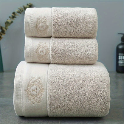 Three-Piece Towel Set with Two Hand Towels and One Bath Towel in Four Embroidered Color Options