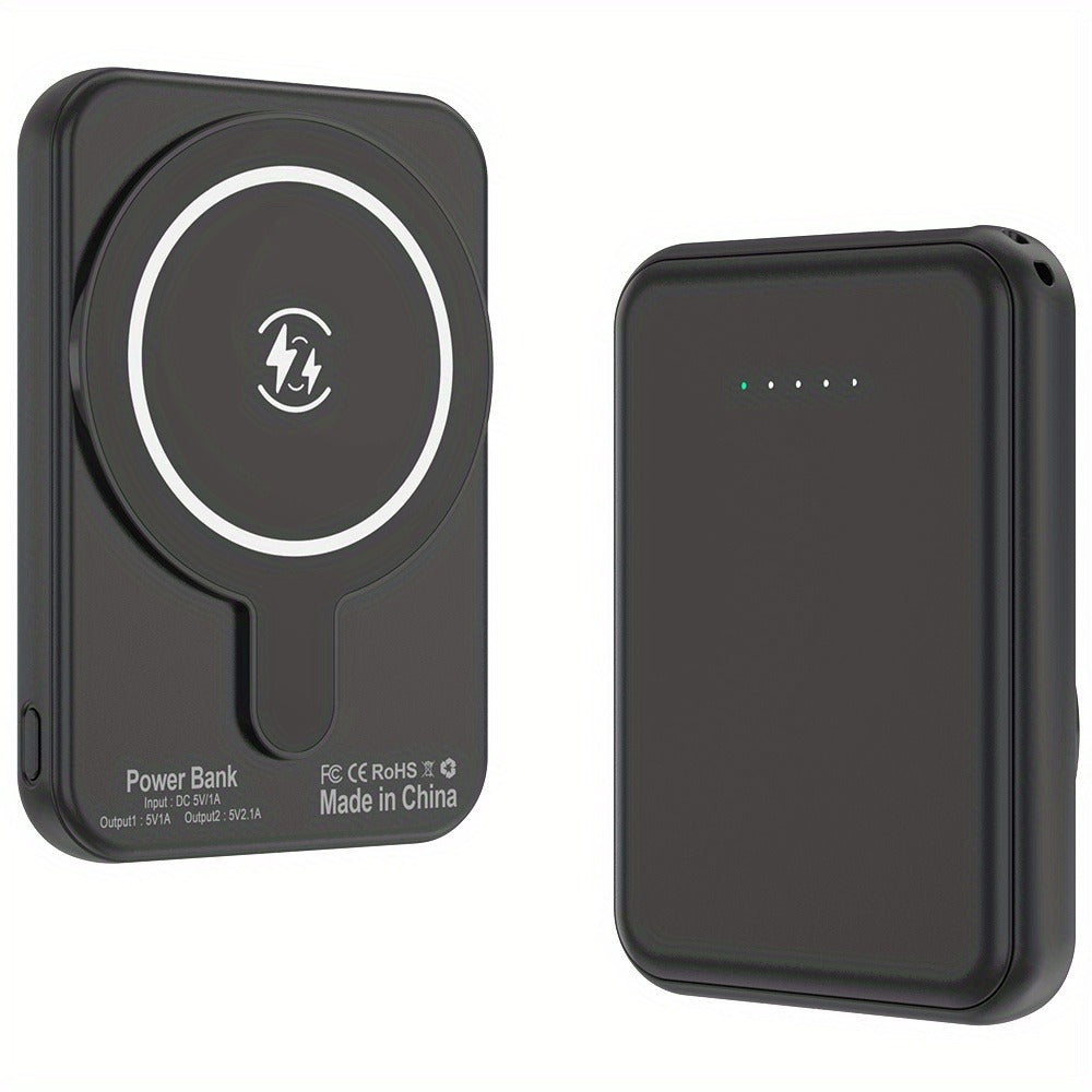10000mAh Magnetic Wireless Power Bank Mini Portable Charger – Fast Wireless & Wired Charging, Dual USB Ports, Compatible with iPhone 15/14/13/12 MagSafe & All Qi-Enabled Devices, Black/Pink