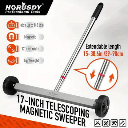 17-Inch Rolling Magnetic Sweeper with Telescoping 15-to-38-Inch Handle, Wheels and Quick-Release Knob