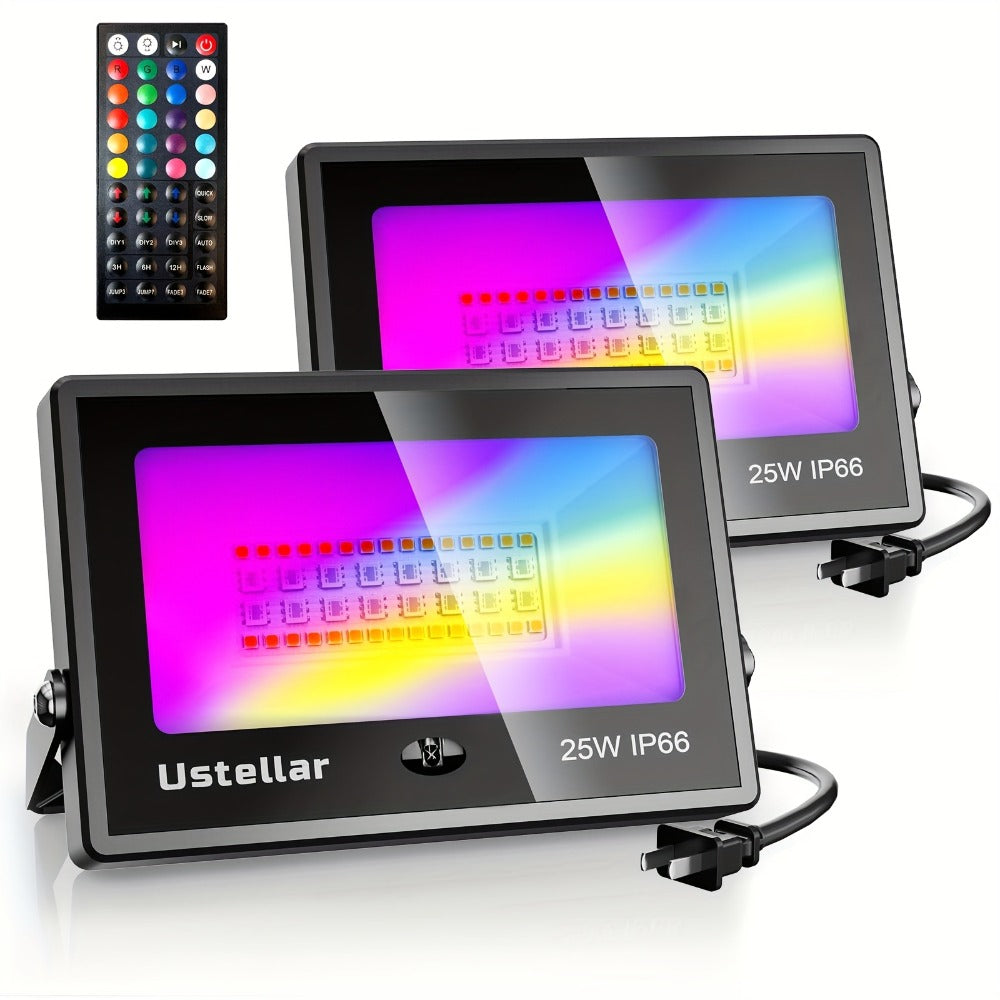 RGB LED Flood Light 25W Outdoor Color Changing - 1000 DIY Colors, 44-Key Remote, Strobe & Fade Modes, Memory Function, Multi-Pack for Party, Stage, Garden, Halloween & Christmas Uplighting