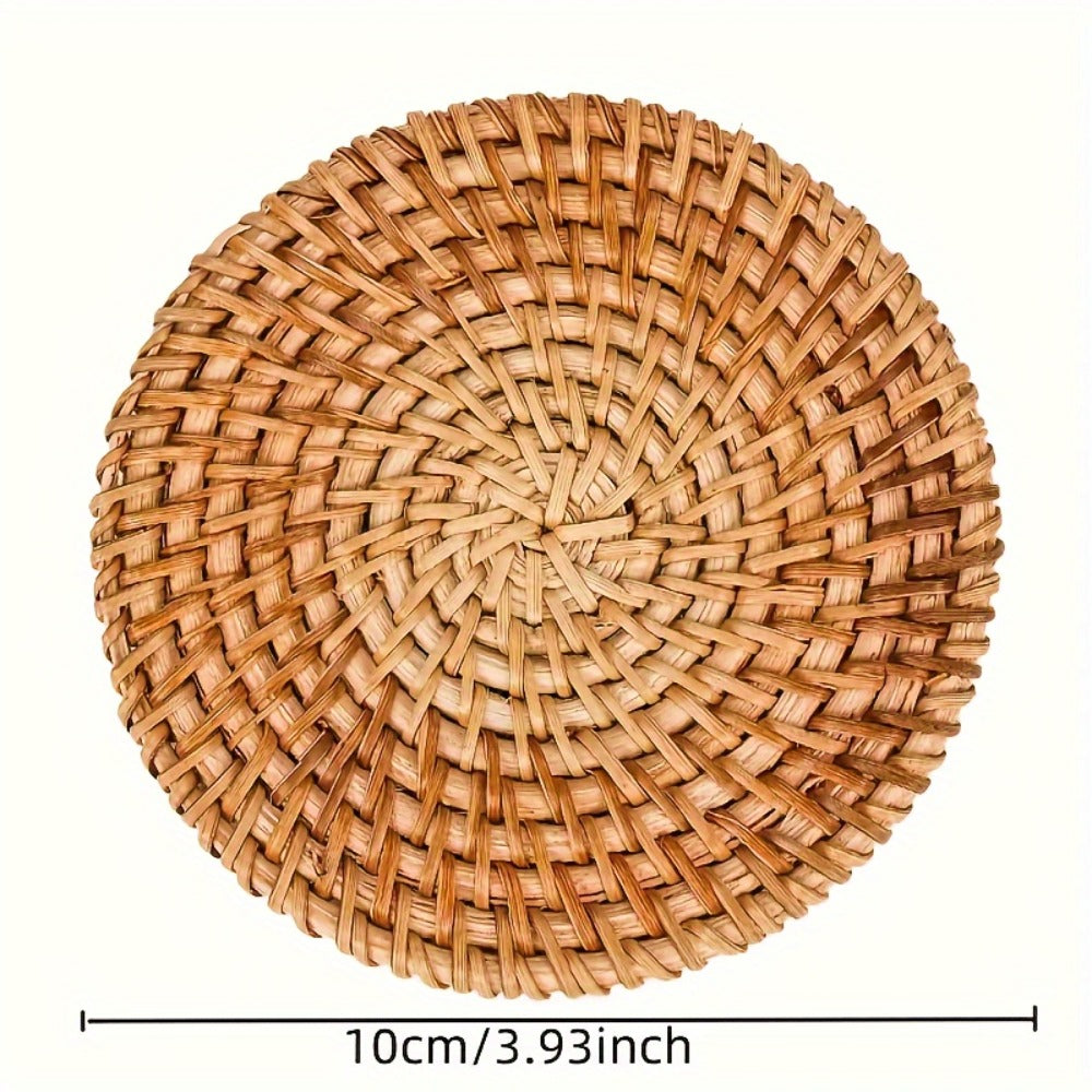 Six-Piece Round Rattan Woven Coaster Set, 3.93-Inch Drink Mats in Natural Khaki for Tabletop Display