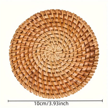 Six-Piece Round Rattan Woven Coaster Set, 3.93-Inch Drink Mats in Natural Khaki for Tabletop Display