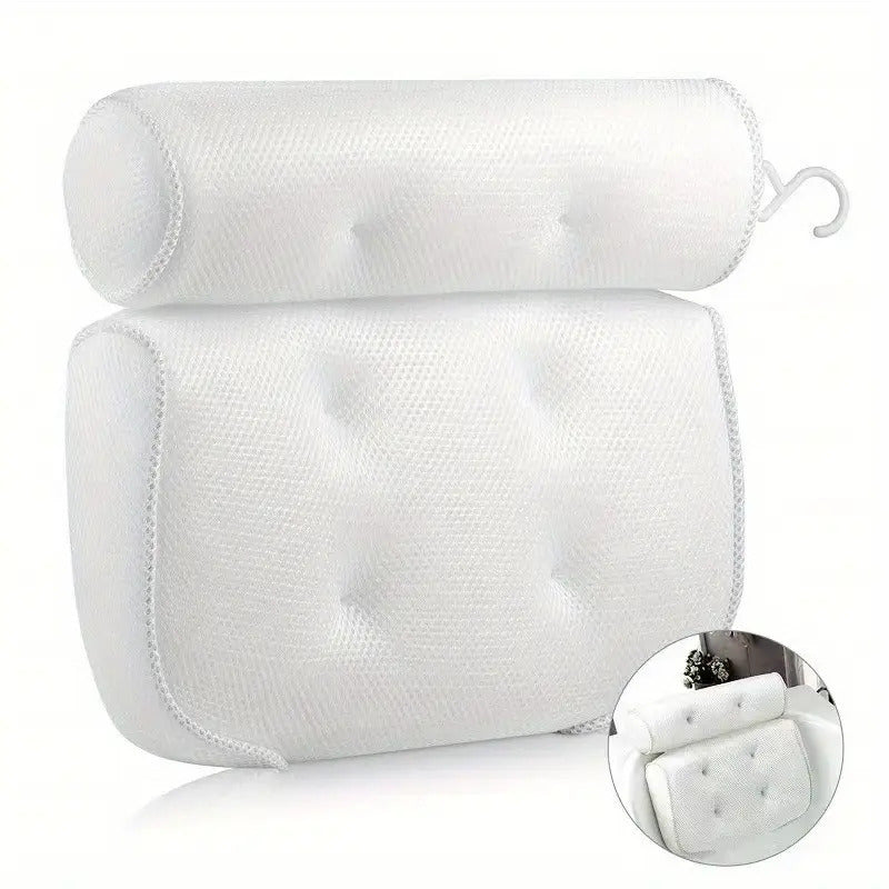 Two-Piece Bathtub Neck and Back Cushion with Six Suction Cups, Hanging Hook and White Mesh Cover