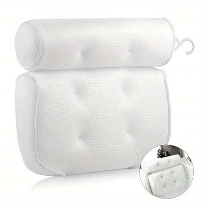 Two-Piece Bathtub Neck and Back Cushion with Six Suction Cups, Hanging Hook and White Mesh Cover