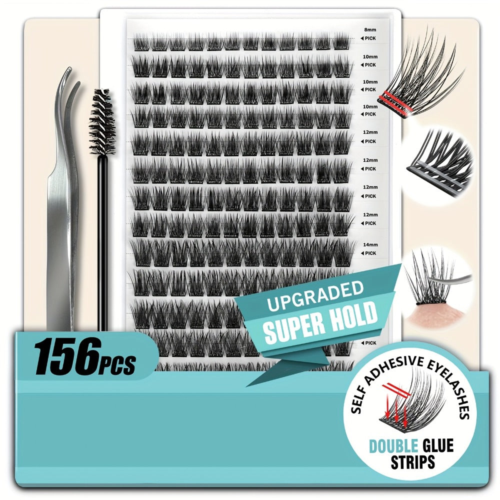 156-Piece Mixed Self-Adhesive Lash Cluster Tray with Black Tweezers and Spoolie Brush in Mixed Style