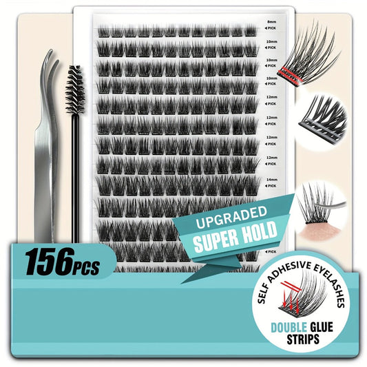 Invisible 2-Strip Tape Lash Clusters 156Pcs — Pre-Glued Self-Adhesive Eyelash Extensions, No Glue No Sticky Residue, Volume Mixed Longer-Lasting DIY Cluster Lashes for Women Sensitive Eyes