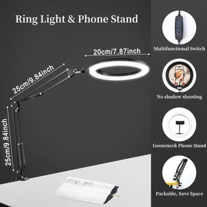 7.87-Inch LED Ring Light with Articulating Desk Clamp Arm, Phone Holder and USB Inline Control