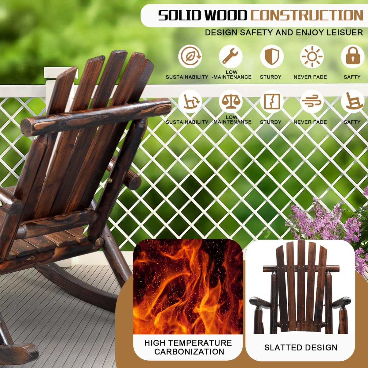 Patio Cedar Rocking Chair 26" Fan-Shaped Backrest Outdoor Rocker for Garden Poolside Patio