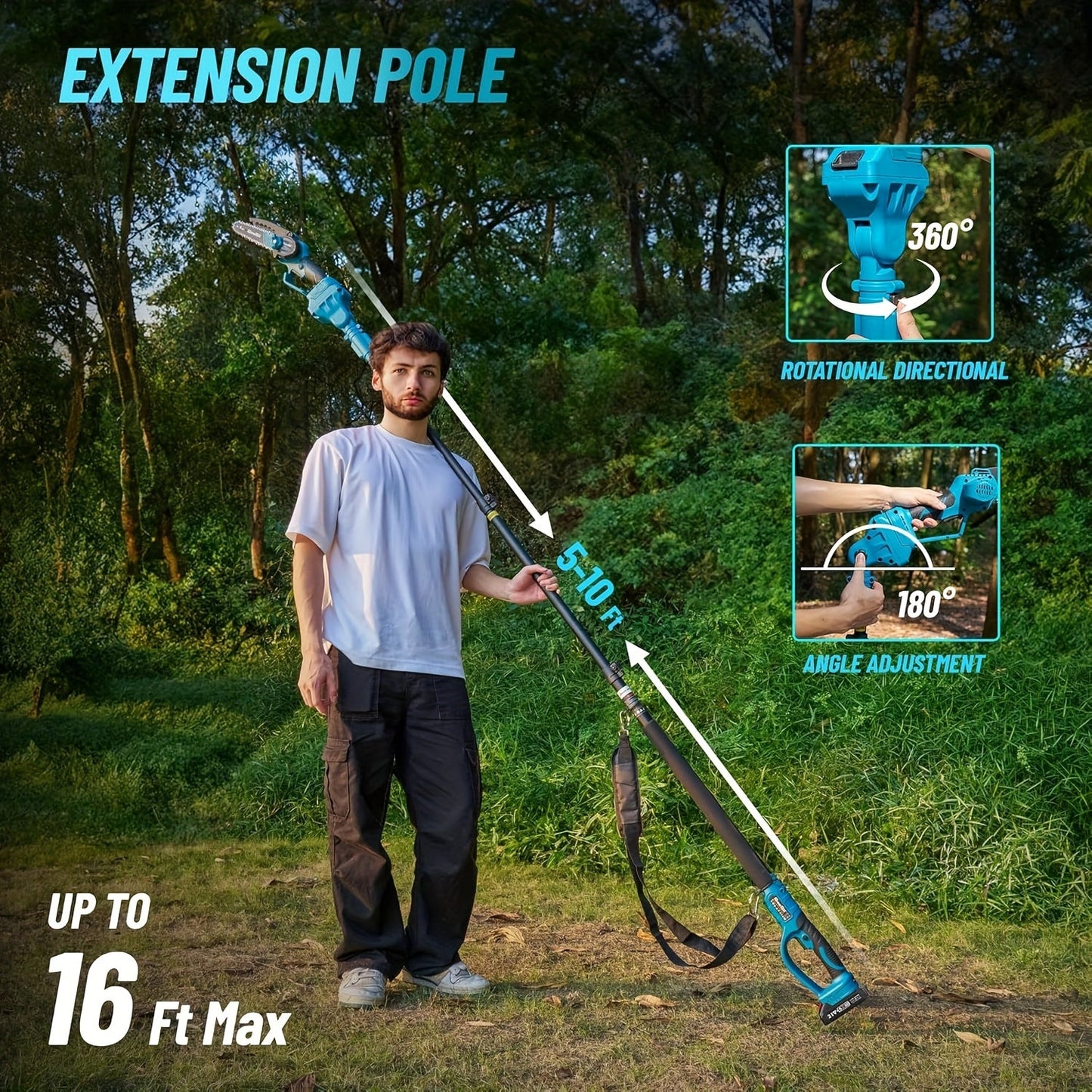Blue 6-Inch Cordless Pole Saw with 2.0Ah Battery Label, 4.6–10 Foot Extension and Two Package Options