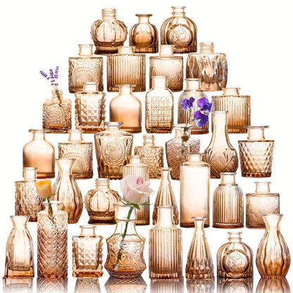 Amber Glass Bud Vases, 36-Piece Mixed Shape Bottle Set for Tables, Shelves and Event Centerpieces