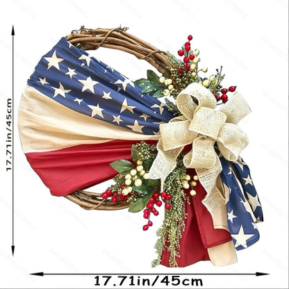 Red, White and Blue Patriotic Door Wreath with Flag Ribbon, Berries and Bow for Seasonal Home Display