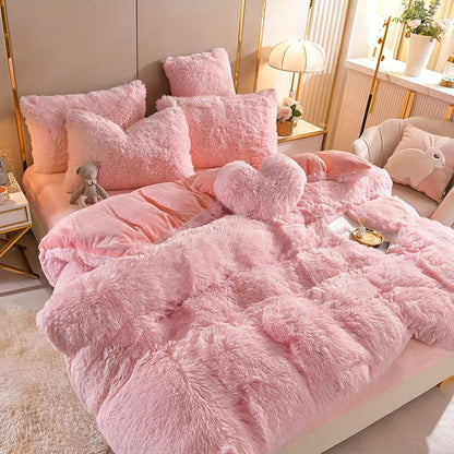 Plush Four-Piece Duvet Cover Set with Bed Sheet, Two Pillowcases, Queen or King Size and Eight Colors